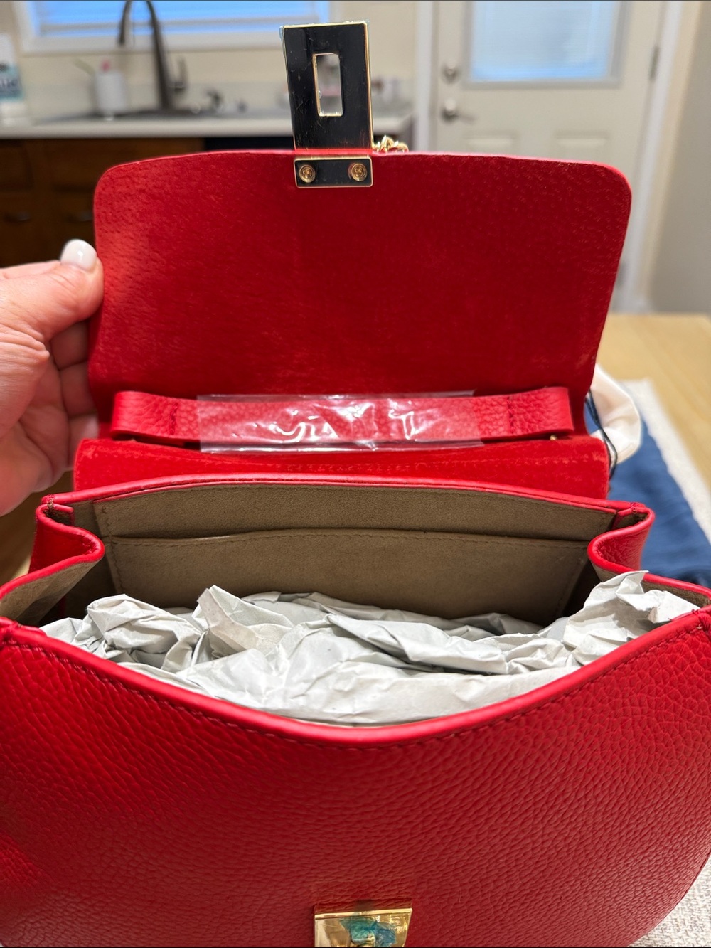 Red Leather Crossbody Bag with Gold Hardware - - Picture 5 of 8